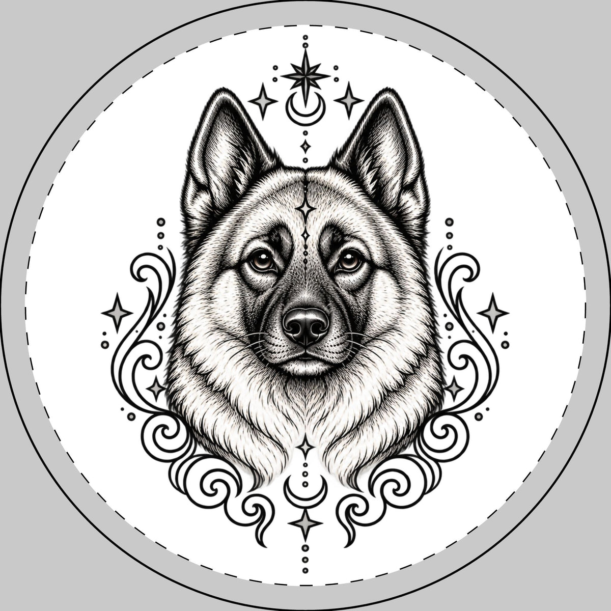 Mystical Norwegian Elkhound Round Car Magnet — Boho Dog Face Sticker