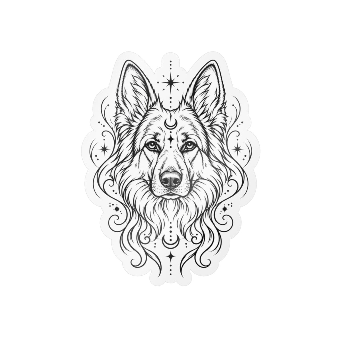 Mystical White Swiss Shepherd Line Art Kiss-Cut Vinyl Sticker — Decorative Dog Portrait Decal