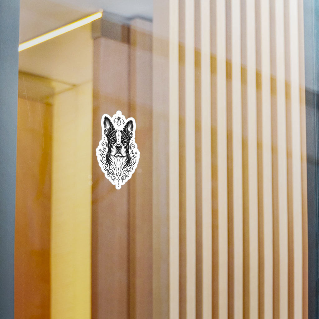 Mystical Boston Terrier Line Art Kiss-Cut Vinyl Sticker — Decorative Dog Portrait Decal