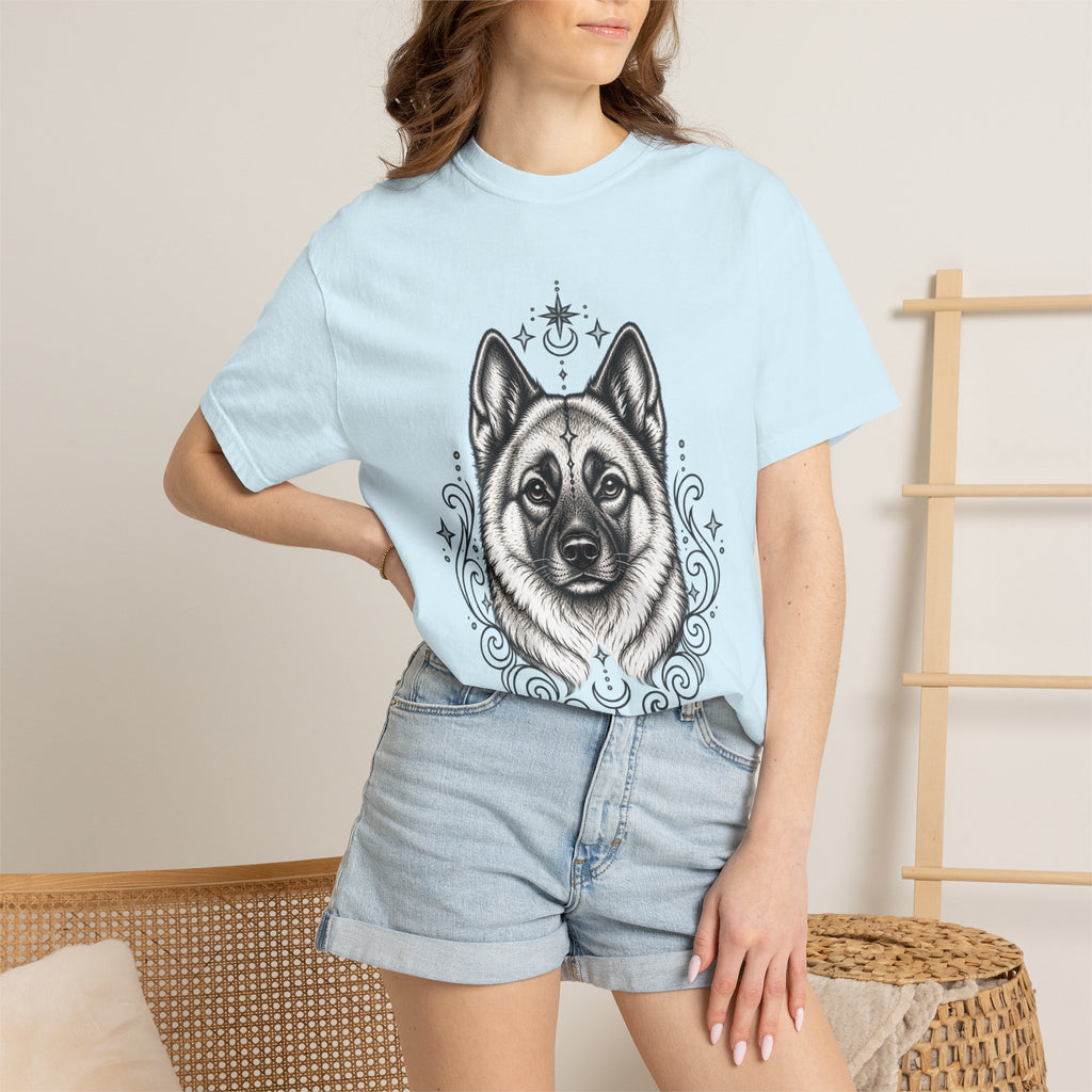 Mystical Norwegian Elkhound Line Art T-Shirt — Minimal Dog Portrait Tee