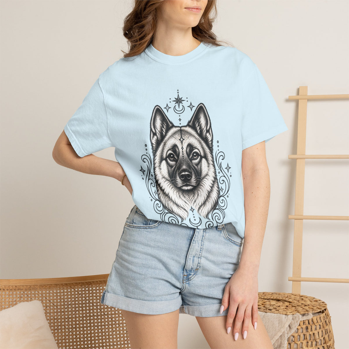 Mystical Norwegian Elkhound Line Art T-Shirt — Minimal Dog Portrait Tee