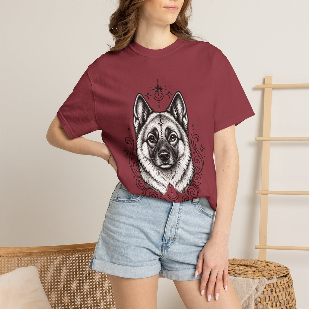 Mystical Norwegian Elkhound Line Art T-Shirt — Minimal Dog Portrait Tee