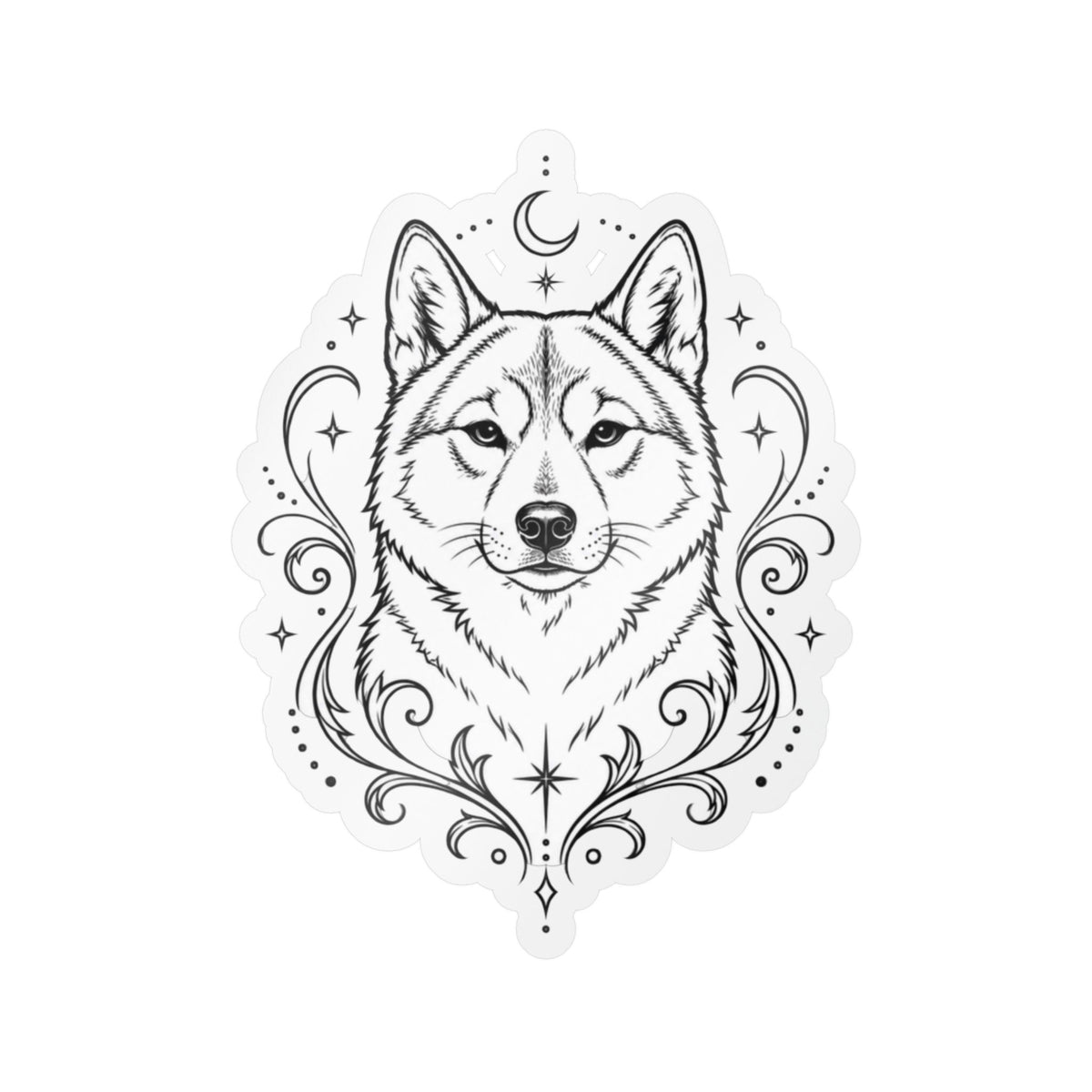 Mystical Shikoku Line Art Kiss-Cut Vinyl Sticker — Decorative Dog Portrait Decal