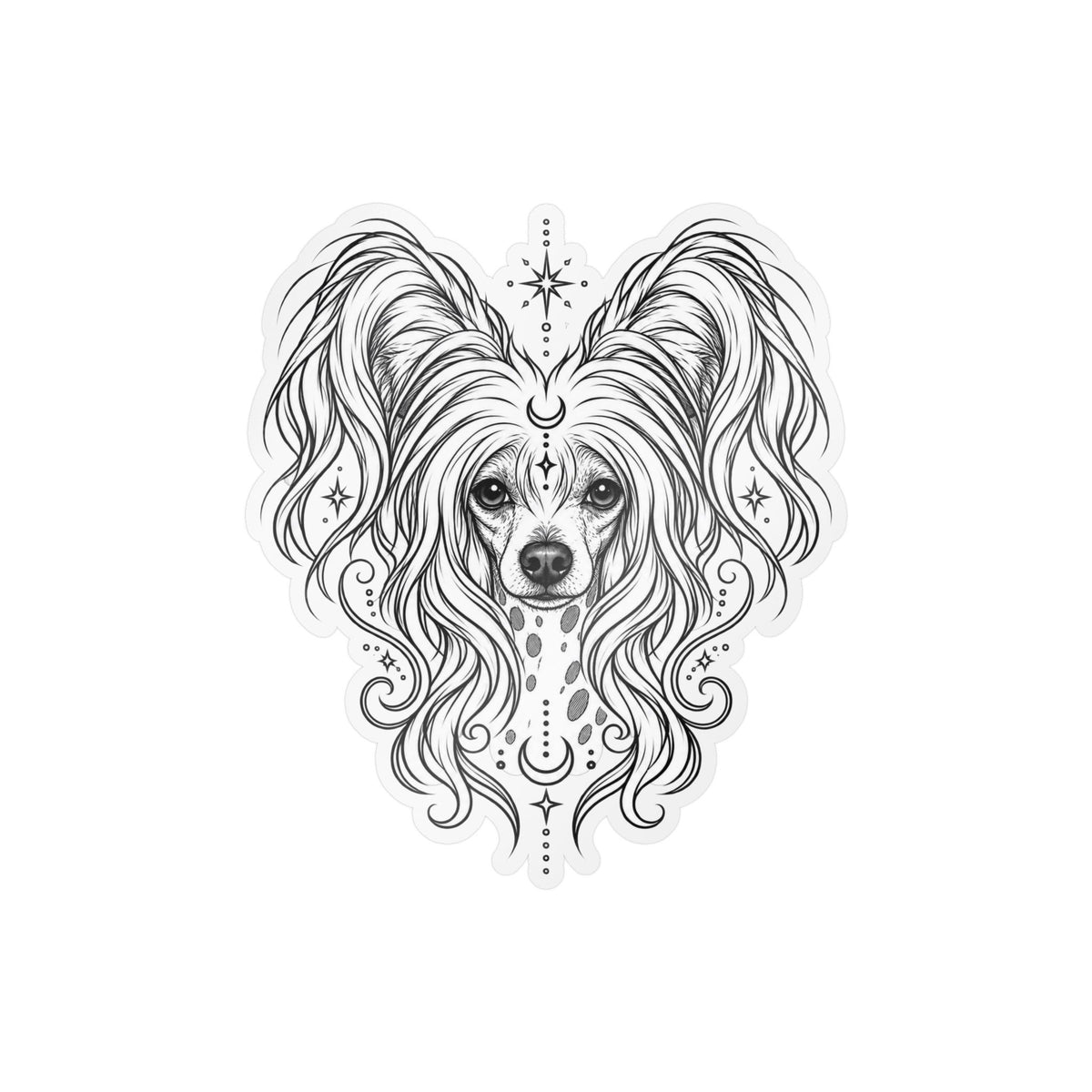 Mystical Chinese Crested Line Art Kiss-Cut Vinyl Sticker — Decorative Dog Portrait Decal