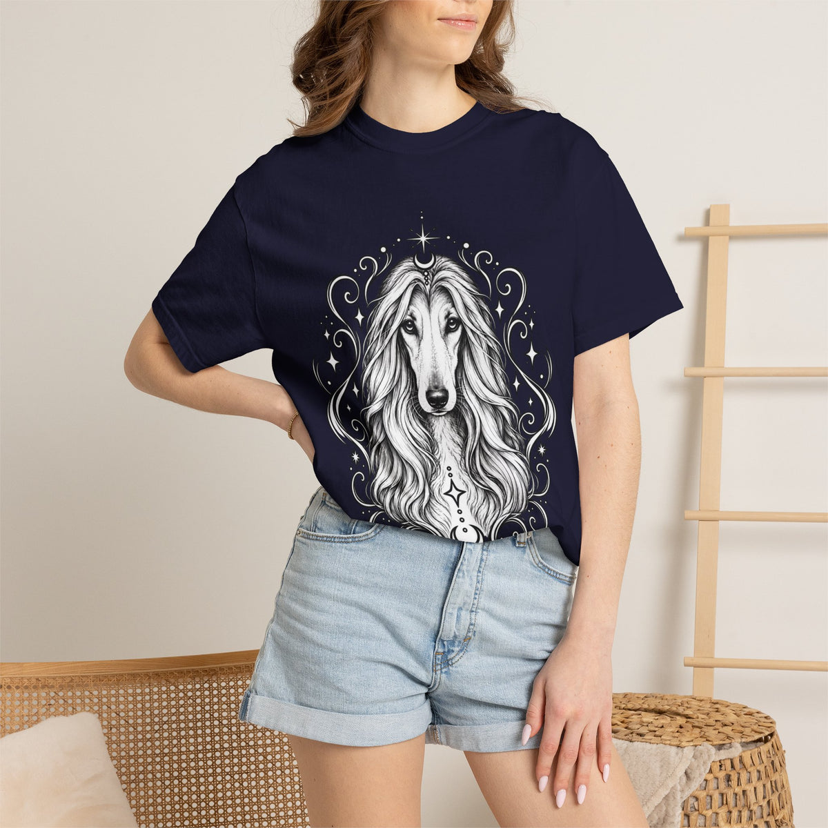 Mystical Afghan Hound Line Art T-Shirt — Minimal Dog Portrait Tee