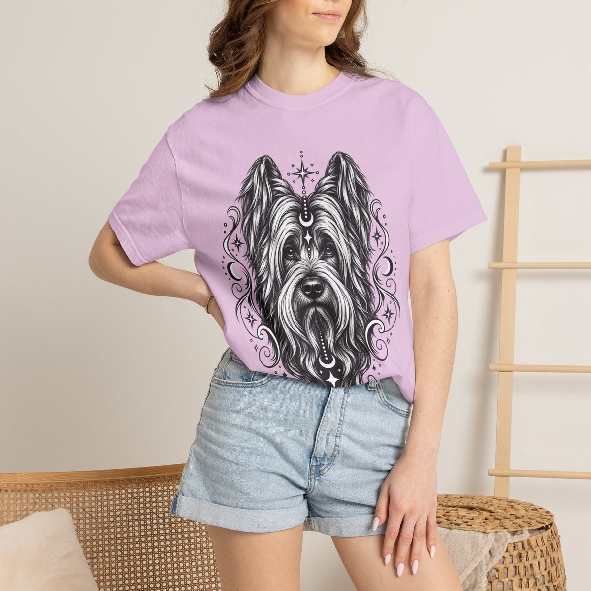 Mystical Briard Line Art T-Shirt — Minimal Dog Portrait Tee