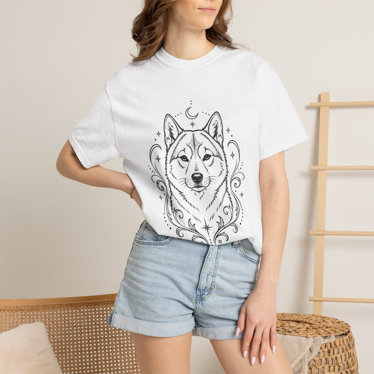 Mystical Shikoku Line Art T-Shirt — Minimal Dog Portrait Tee
