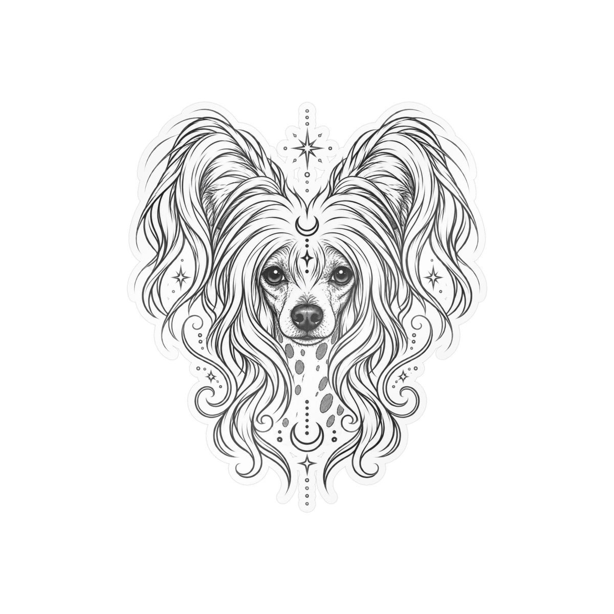 Mystical Chinese Crested Line Art Kiss-Cut Vinyl Sticker — Decorative Dog Portrait Decal