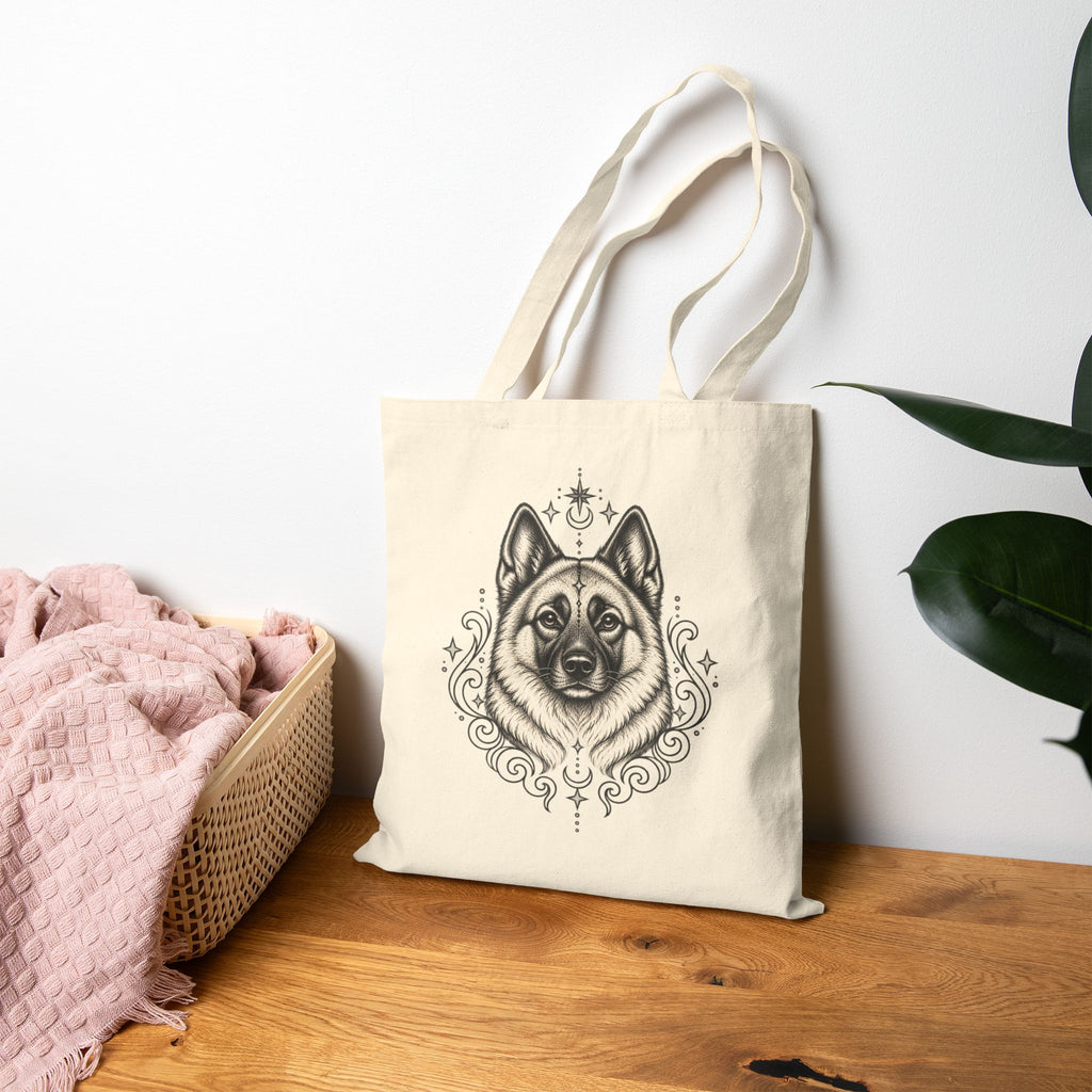 Mystical Norwegian Elkhound Line Art Canvas Tote — Dog Portrait Cotton Shopper