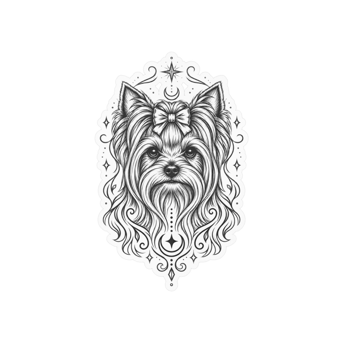Mystical Yorkshire Terrier Line Art Kiss-Cut Vinyl Sticker — Decorative Dog Portrait Decal