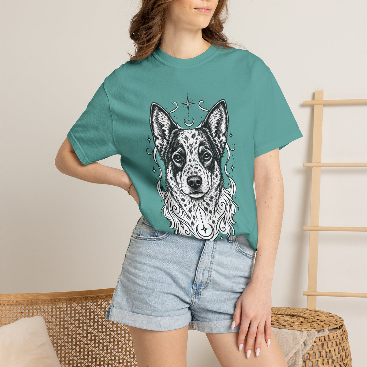Mystical Australian Cattle Dog Line Art T-Shirt — Minimal Dog Portrait Tee