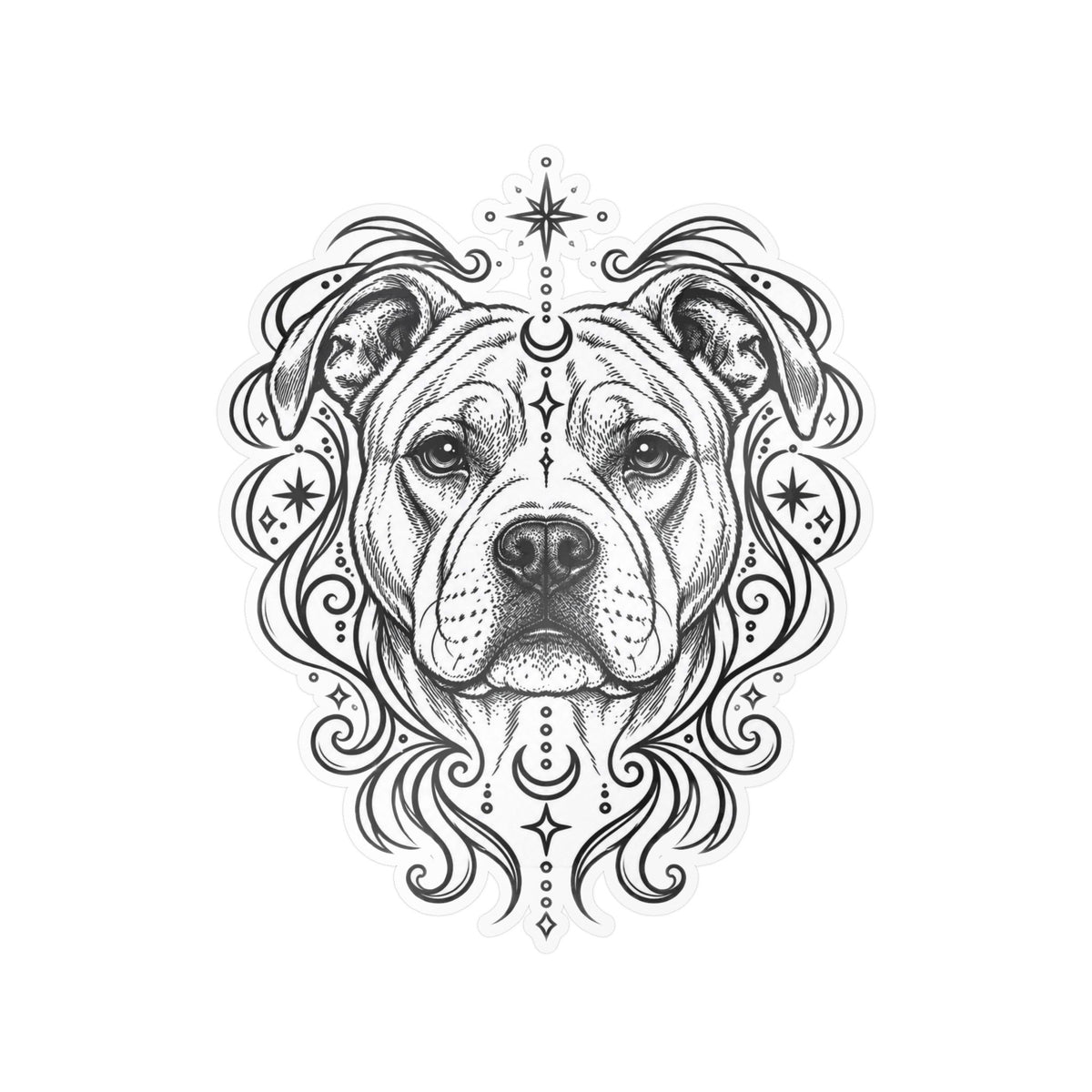 Mystical American Staffordshire Terrier Line Art Kiss-Cut Vinyl Sticker — Decorative Dog Portrait Decal
