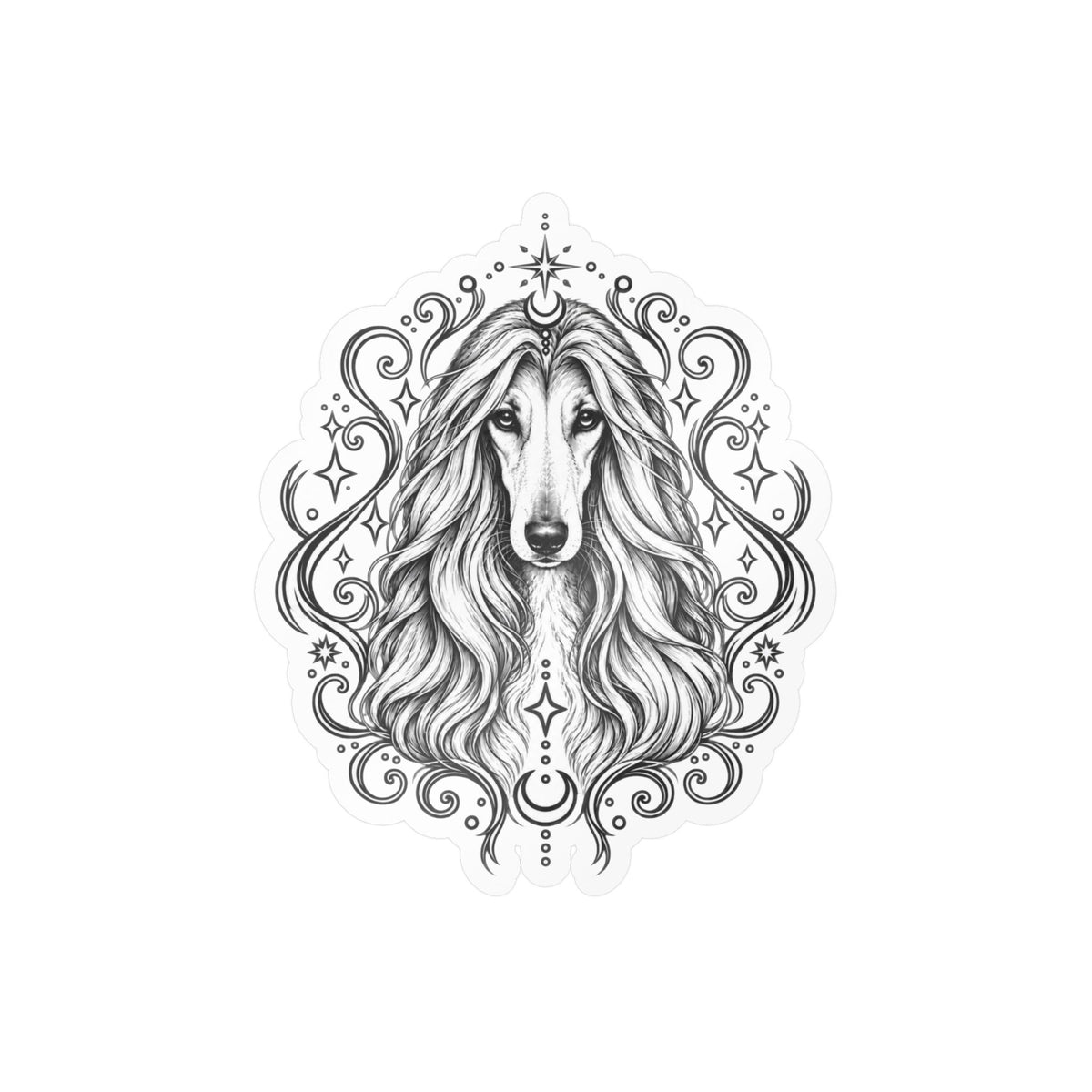 Mystical Afghan Hound Line Art Kiss-Cut Vinyl Sticker — Decorative Dog Portrait Decal