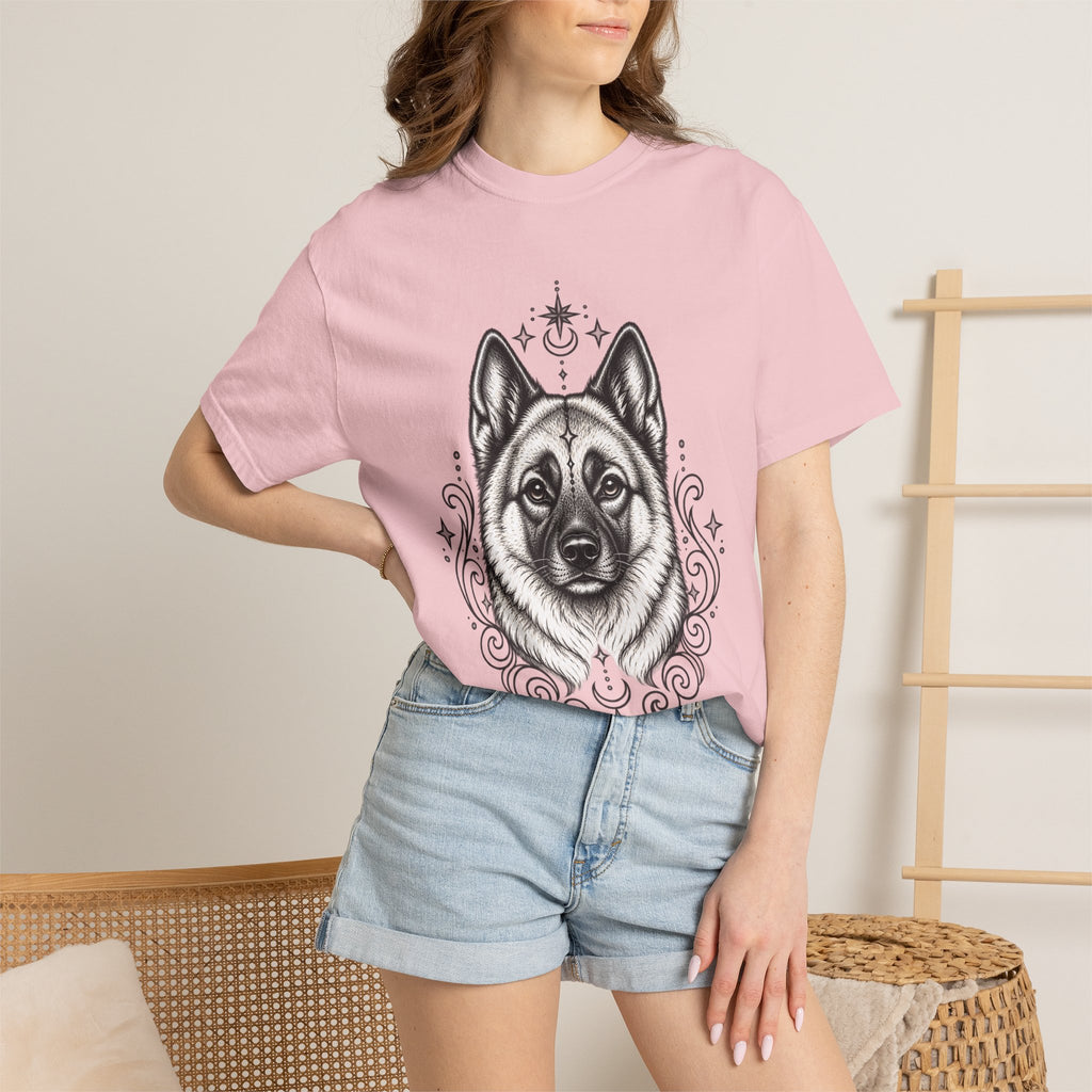 Mystical Norwegian Elkhound Line Art T-Shirt — Minimal Dog Portrait Tee