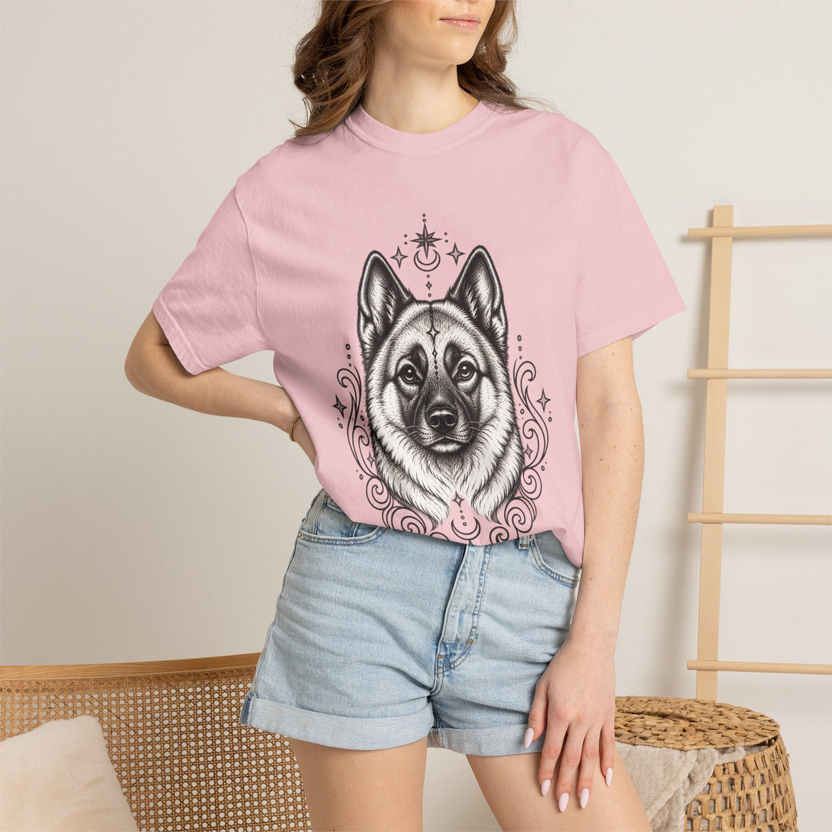 Mystical Norwegian Elkhound Line Art T-Shirt — Minimal Dog Portrait Tee
