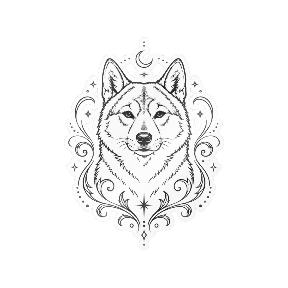 Mystical Shikoku Line Art Kiss-Cut Vinyl Sticker — Decorative Dog Portrait Decal