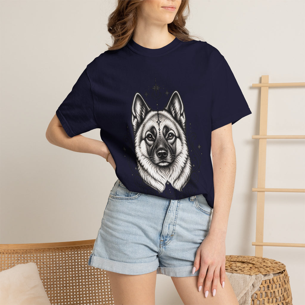 Mystical Norwegian Elkhound Line Art T-Shirt — Minimal Dog Portrait Tee
