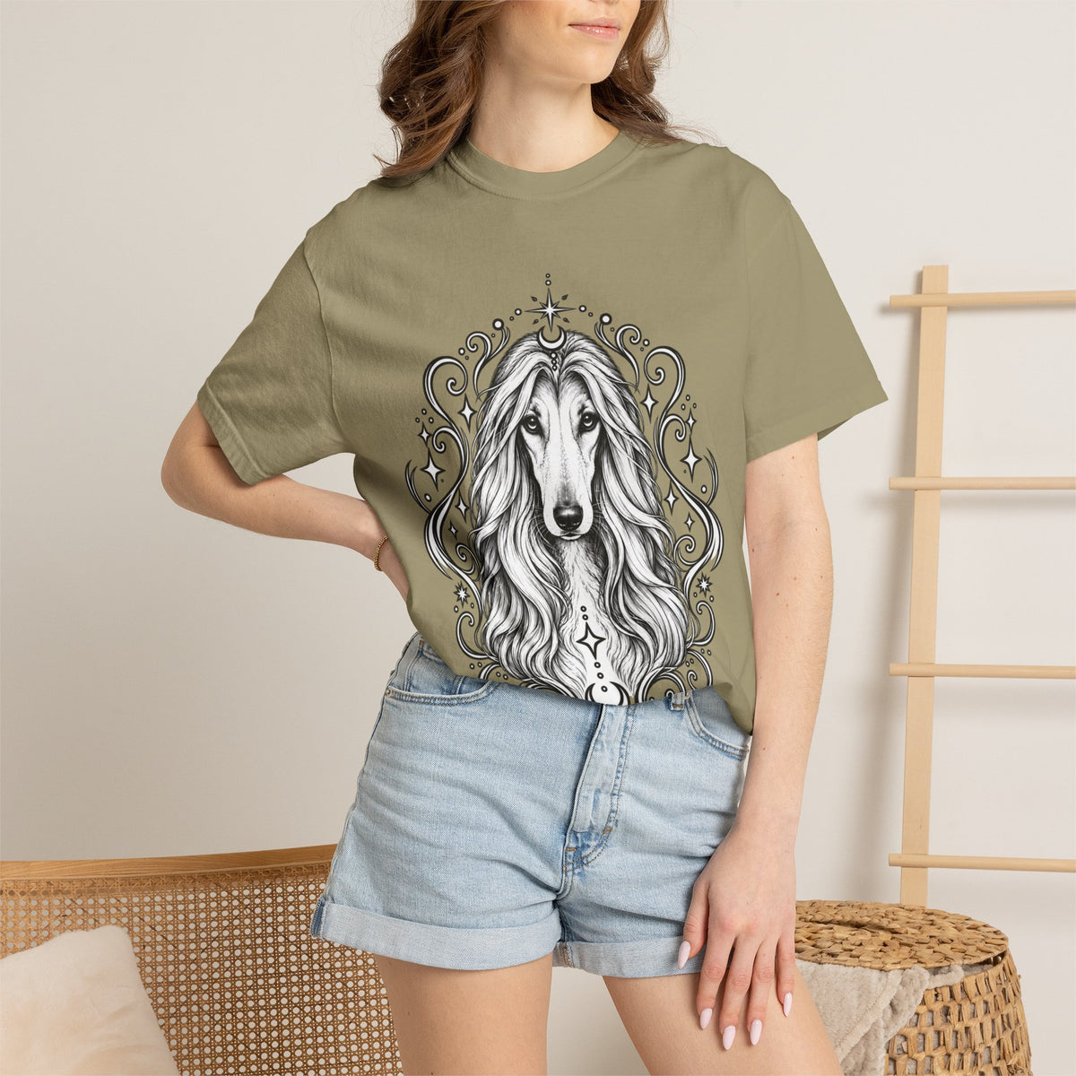 Mystical Afghan Hound Line Art T-Shirt — Minimal Dog Portrait Tee