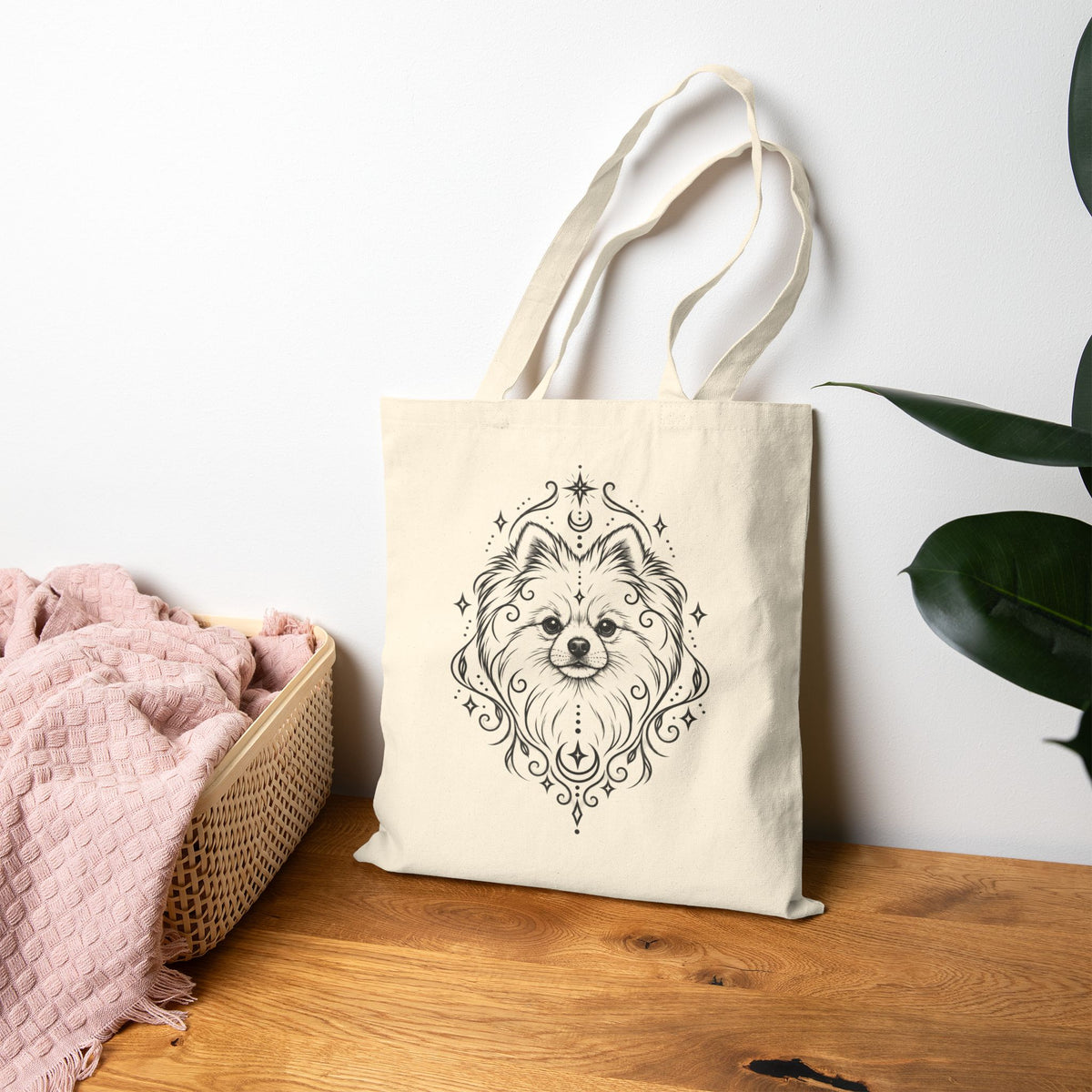 Mystical Pomeranian Line Art Canvas Tote — Dog Portrait Cotton Shopper