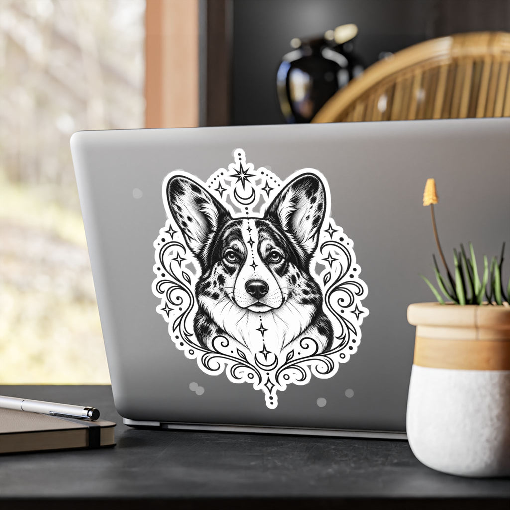Mystical Cardigan Welsh Corgi Line Art Kiss-Cut Vinyl Sticker — Decorative Dog Portrait Decal