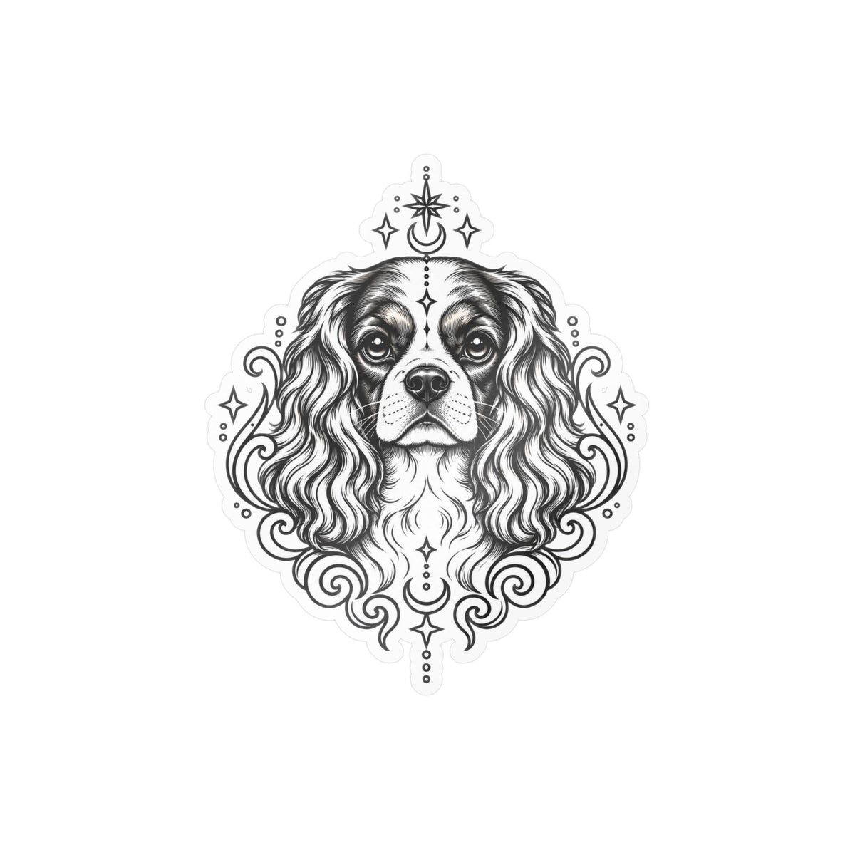 Mystical Cavalier King Charles Spaniel  Line Art Kiss-Cut Vinyl Sticker — Decorative Dog Portrait Decal