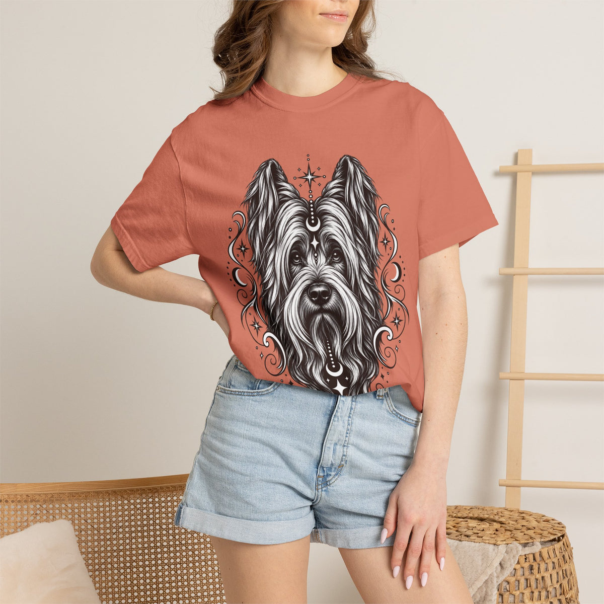 Mystical Briard Line Art T-Shirt — Minimal Dog Portrait Tee