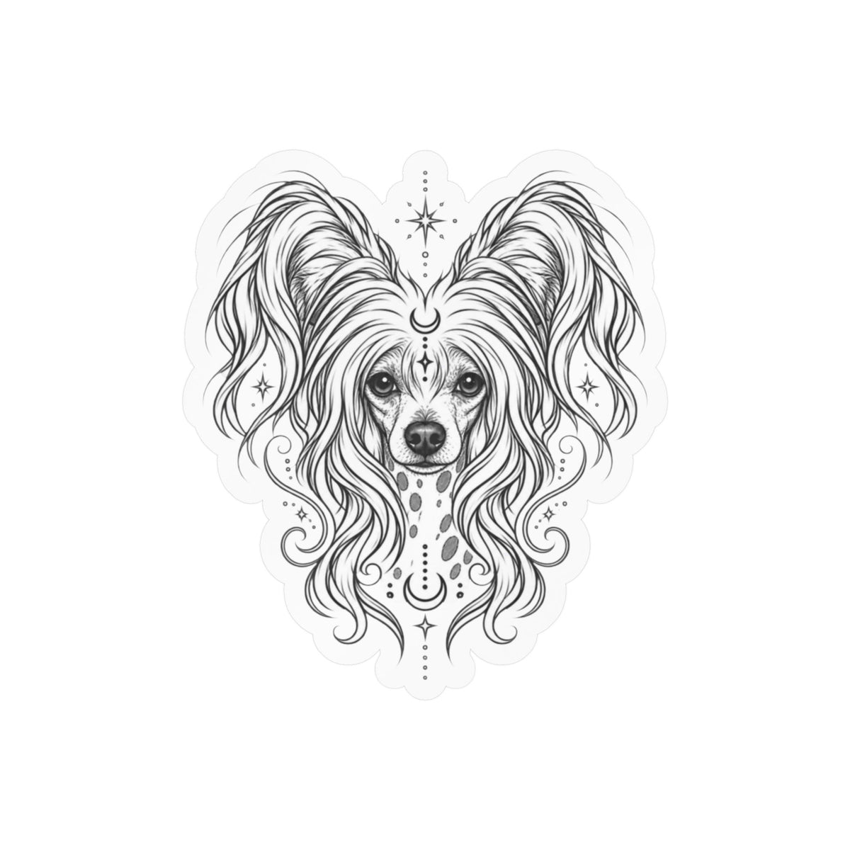 Mystical Chinese Crested Line Art Kiss-Cut Vinyl Sticker — Decorative Dog Portrait Decal