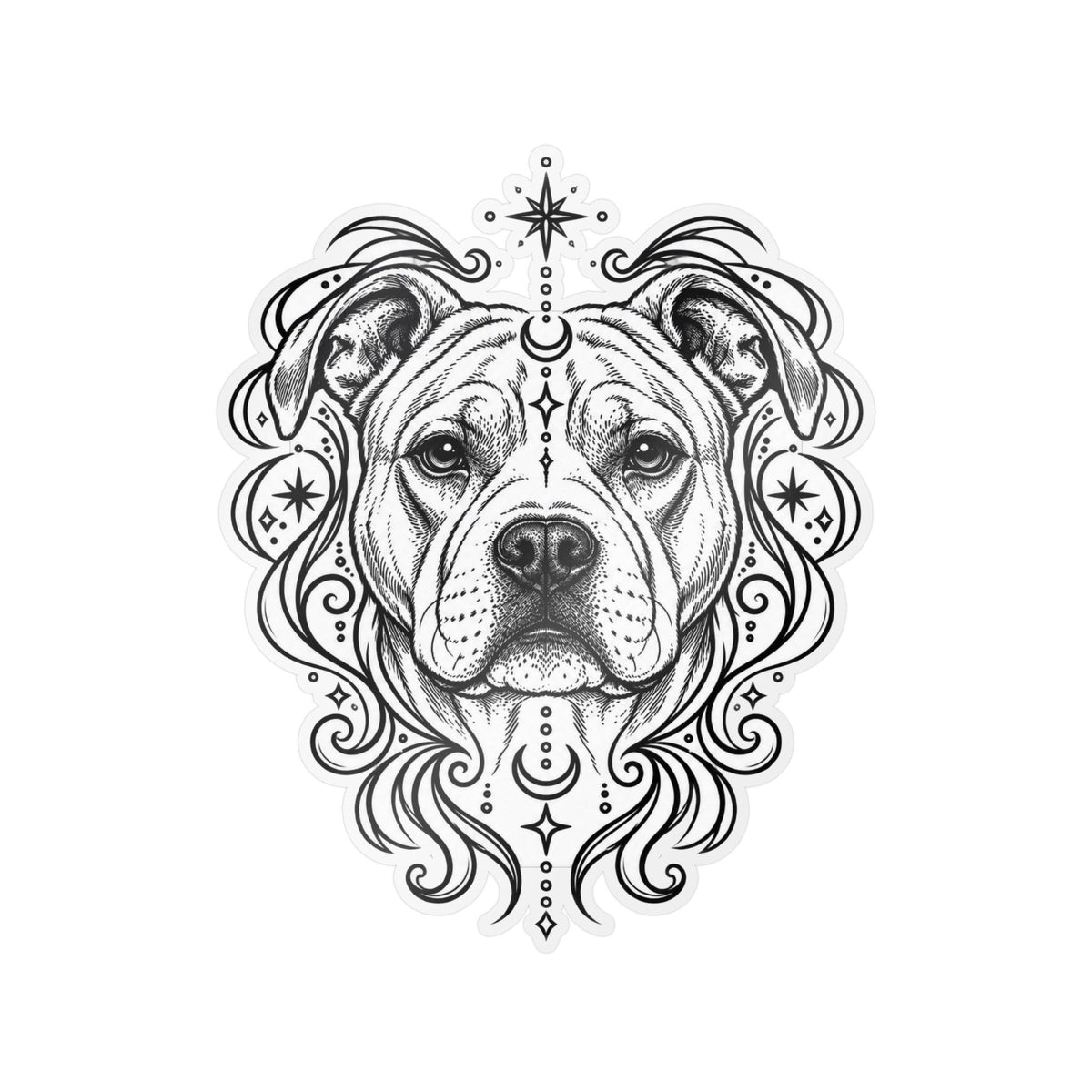 Mystical American Staffordshire Terrier Line Art Kiss-Cut Vinyl Sticker — Decorative Dog Portrait Decal