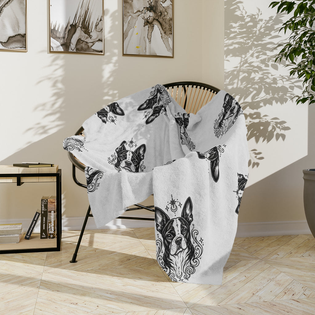 Mystical Boston Terrier Minimalist Velveteen Microfiber Blanket — Soft Neutral Pet Portrait Throw