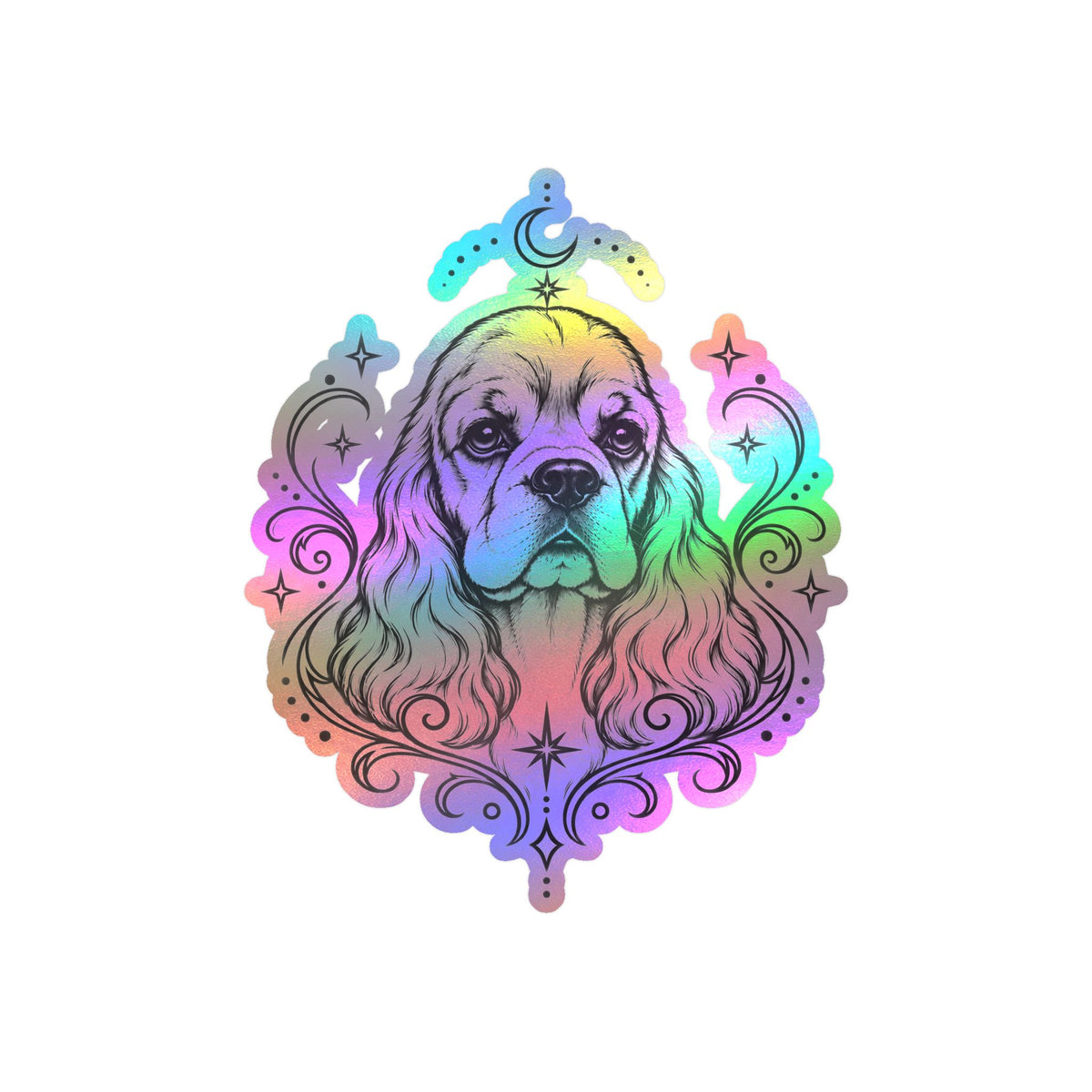 Mystical American Cocker Spaniel Line Art Kiss-Cut Vinyl Sticker — Decorative Dog Portrait Decal