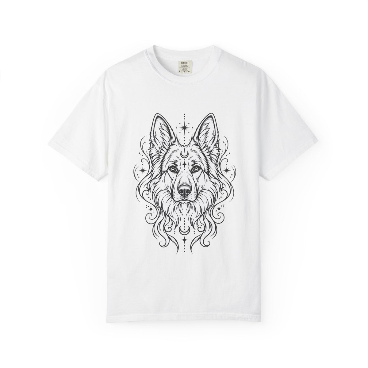 Mystical White Swiss Shepherd Line Art T-Shirt — Minimal Dog Portrait Tee