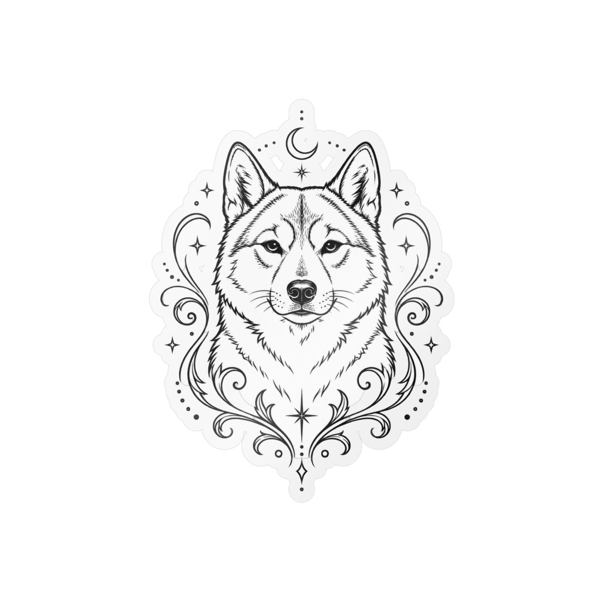 Mystical Shikoku Line Art Kiss-Cut Vinyl Sticker — Decorative Dog Portrait Decal