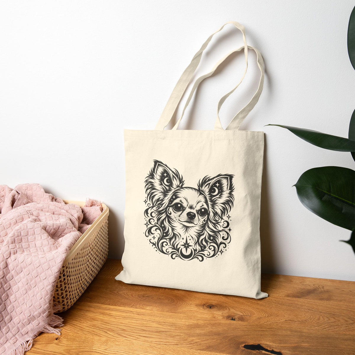Mystical  Chihuahua LH Line Art Canvas Tote — Dog Portrait Cotton Shopper