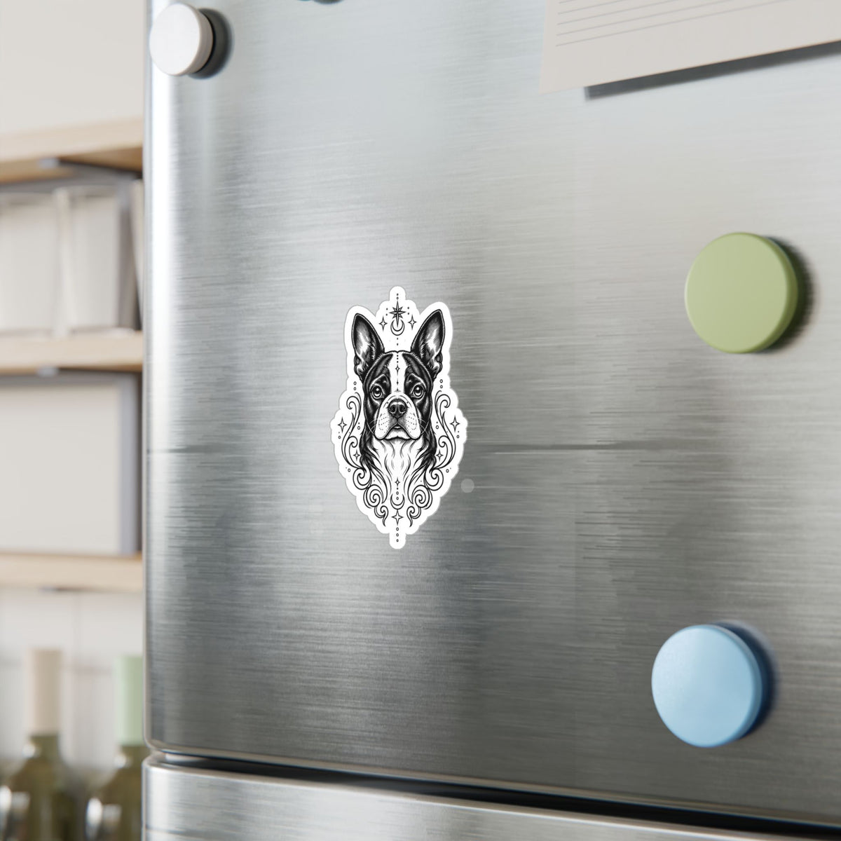 Mystical Boston Terrier Line Art Kiss-Cut Vinyl Sticker — Decorative Dog Portrait Decal