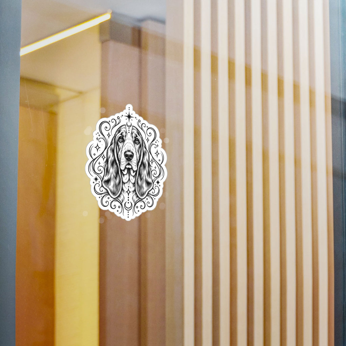 Mystical Basset Hound Line Art Kiss-Cut Vinyl Sticker — Decorative Dog Portrait Decal