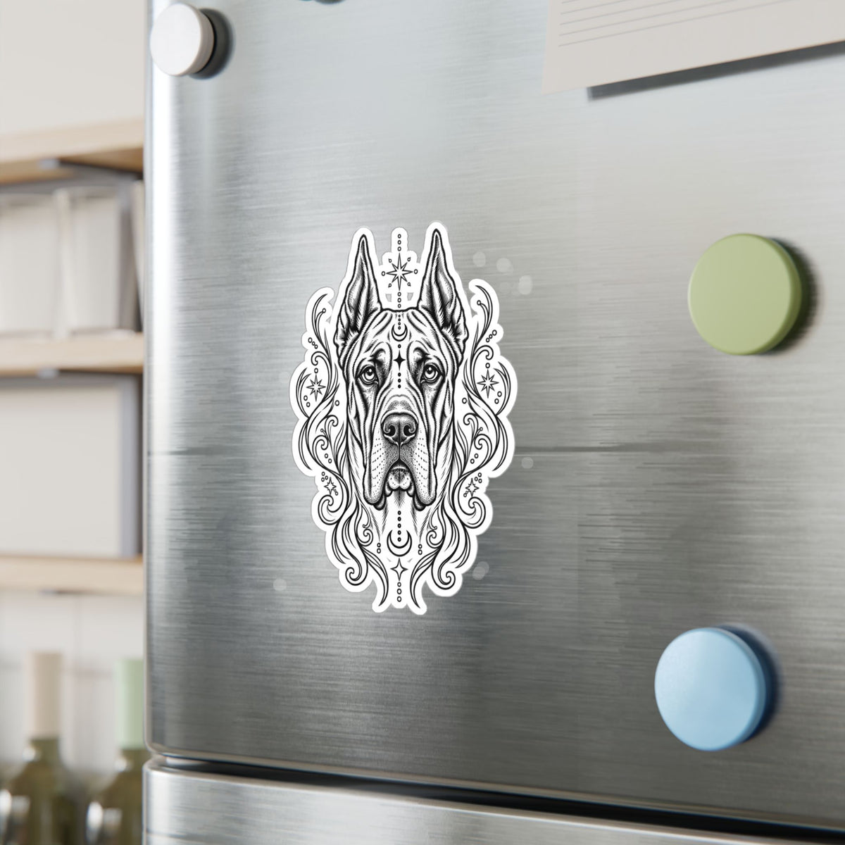 Mystical Great Dane CE Line Art Kiss-Cut Vinyl Sticker — Decorative Dog Portrait Decal