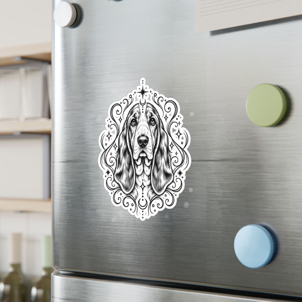 Mystical Basset Hound Line Art Kiss-Cut Vinyl Sticker — Decorative Dog Portrait Decal