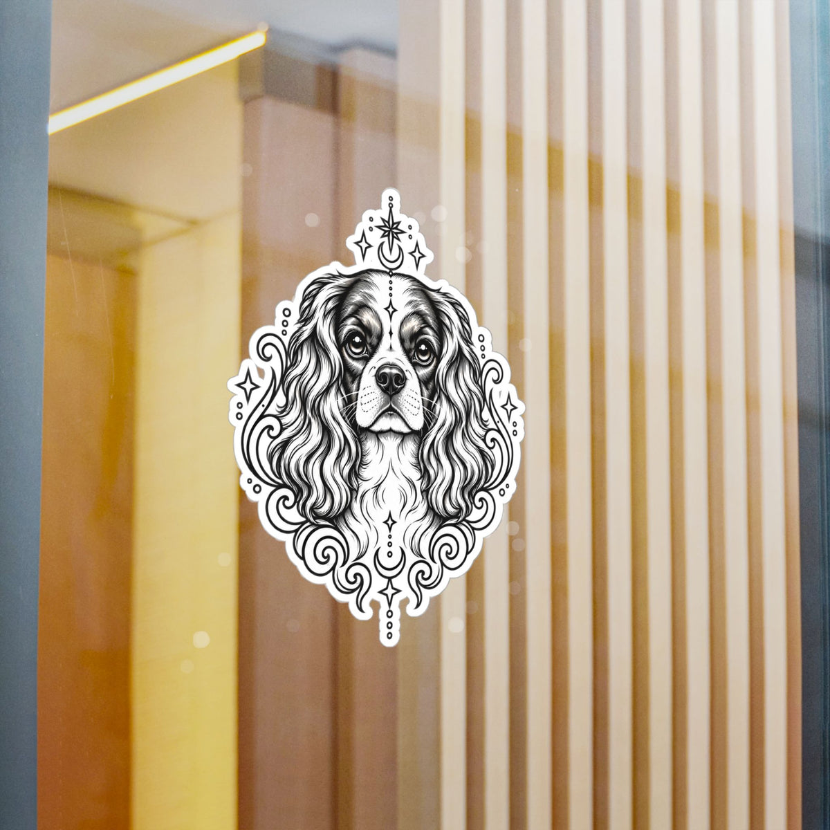 Mystical Cavalier King Charles Spaniel  Line Art Kiss-Cut Vinyl Sticker — Decorative Dog Portrait Decal