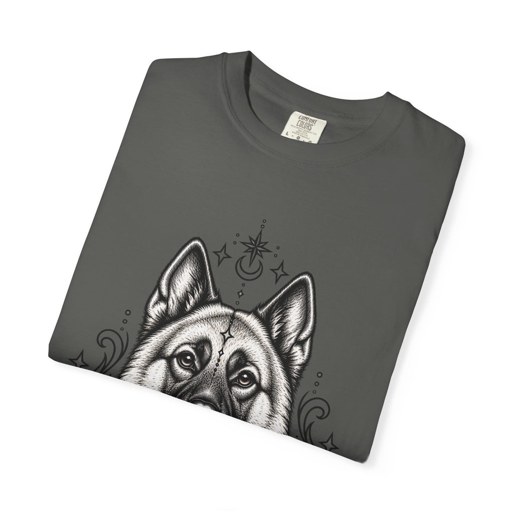Mystical Norwegian Elkhound Line Art T-Shirt — Minimal Dog Portrait Tee
