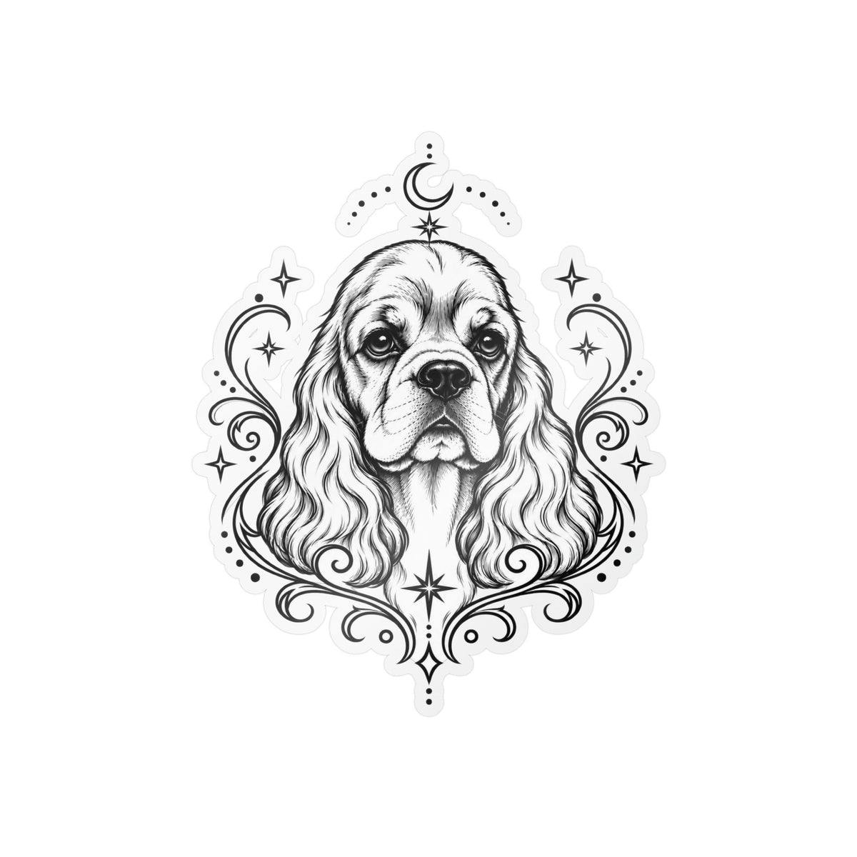 Mystical American Cocker Spaniel Line Art Kiss-Cut Vinyl Sticker — Decorative Dog Portrait Decal
