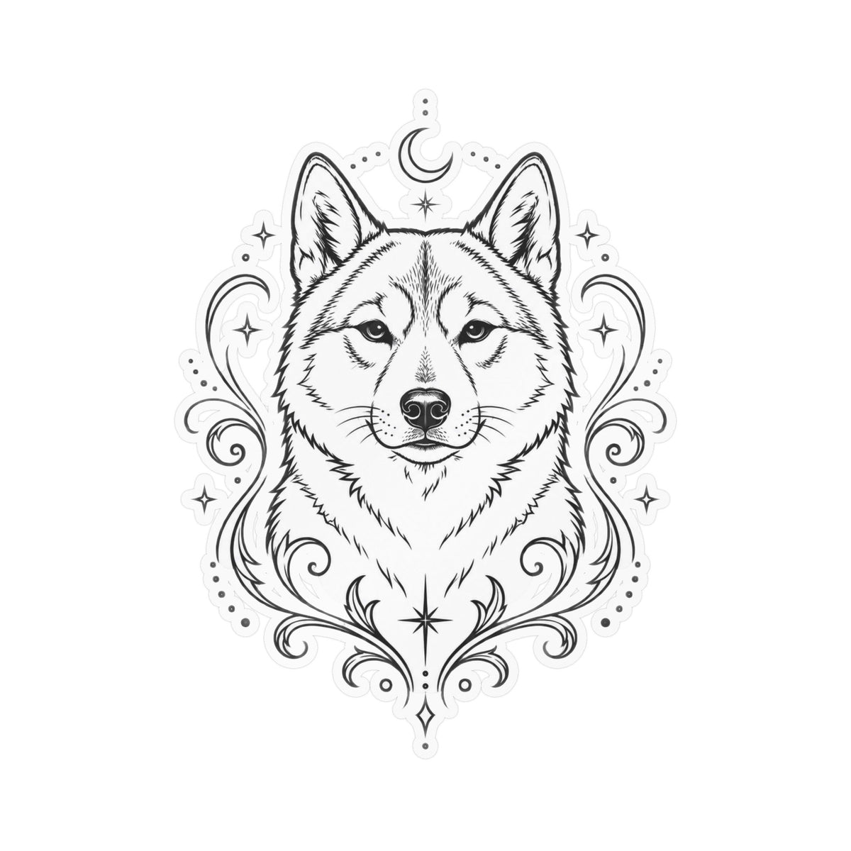 Mystical Shikoku Line Art Kiss-Cut Vinyl Sticker — Decorative Dog Portrait Decal