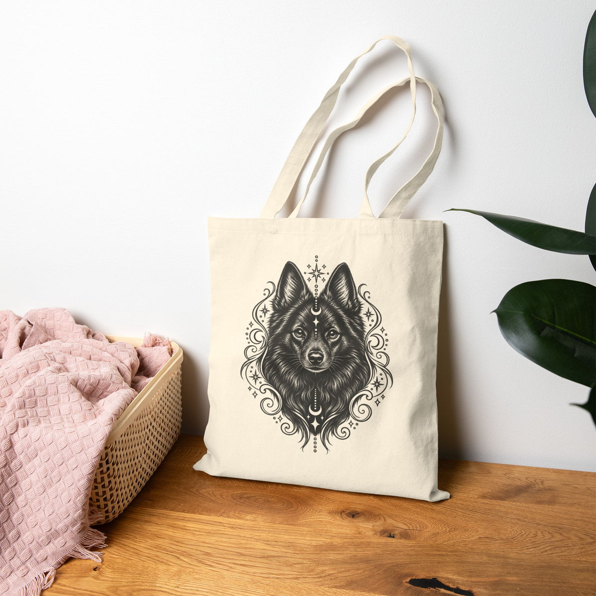 Mystical Schipperke Line Art Canvas Tote — Dog Portrait Cotton Shopper