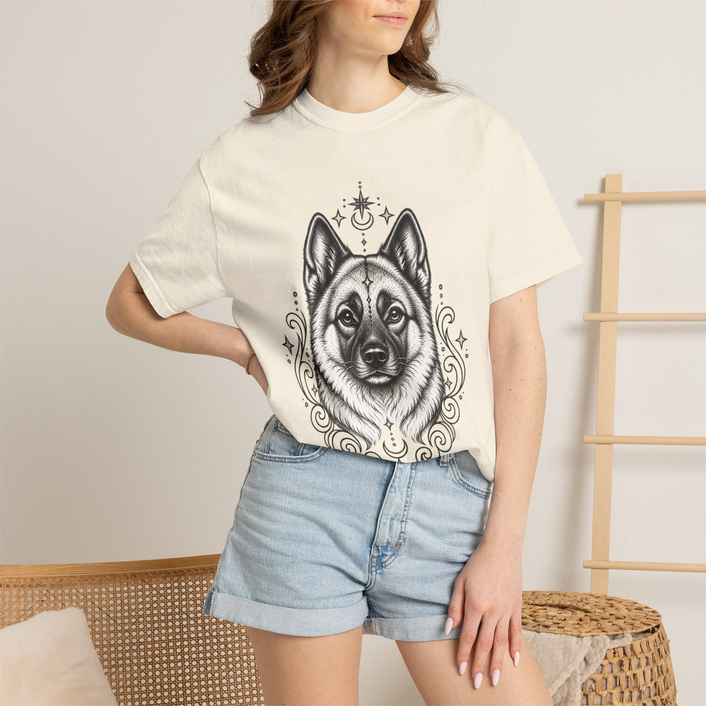 Mystical Norwegian Elkhound Line Art T-Shirt — Minimal Dog Portrait Tee