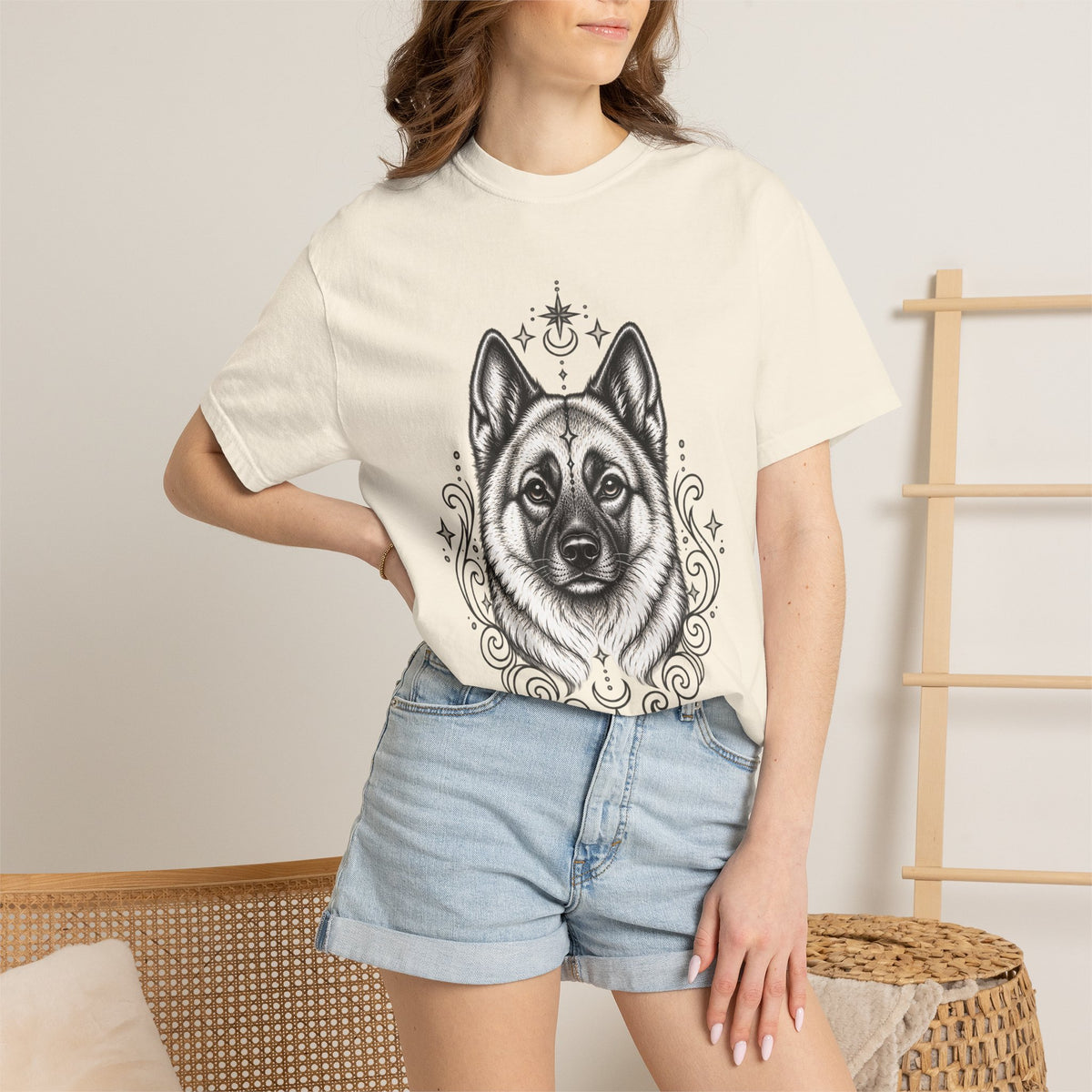 Mystical Norwegian Elkhound Line Art T-Shirt — Minimal Dog Portrait Tee
