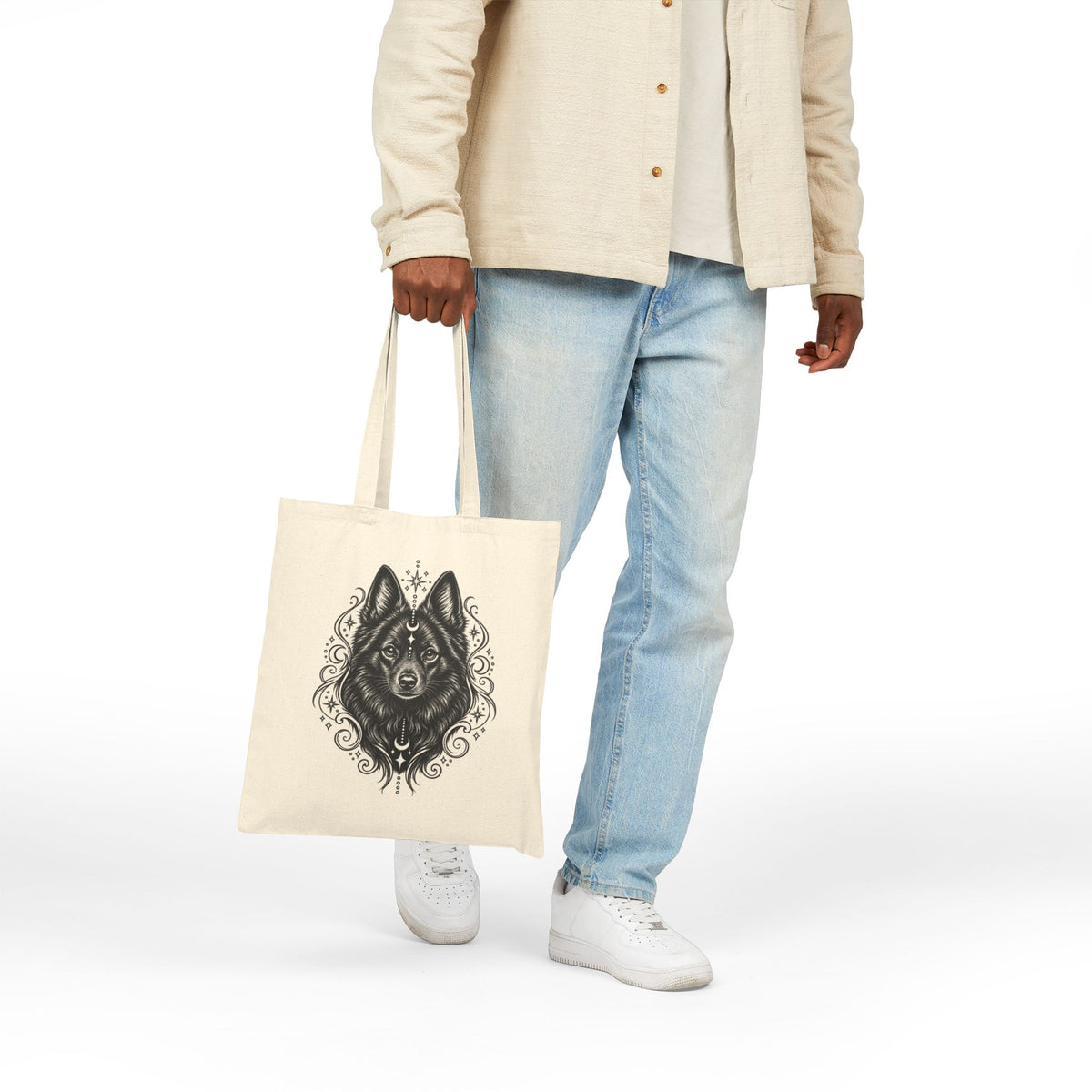 Mystical Schipperke Line Art Canvas Tote — Dog Portrait Cotton Shopper