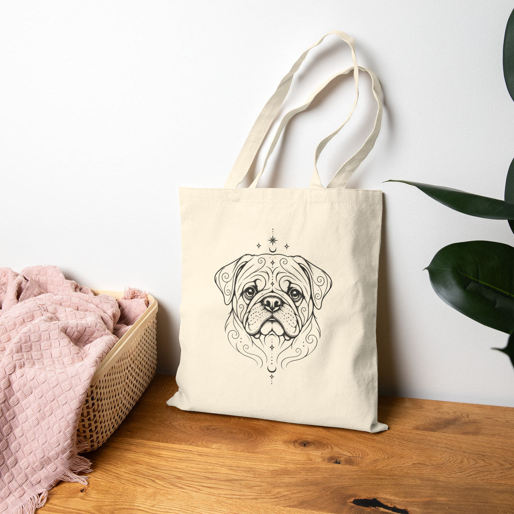 Mystical Pug Line Art Canvas Tote — Dog Portrait Cotton Shopper