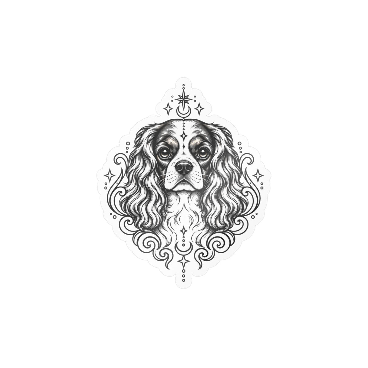Mystical Cavalier King Charles Spaniel  Line Art Kiss-Cut Vinyl Sticker — Decorative Dog Portrait Decal
