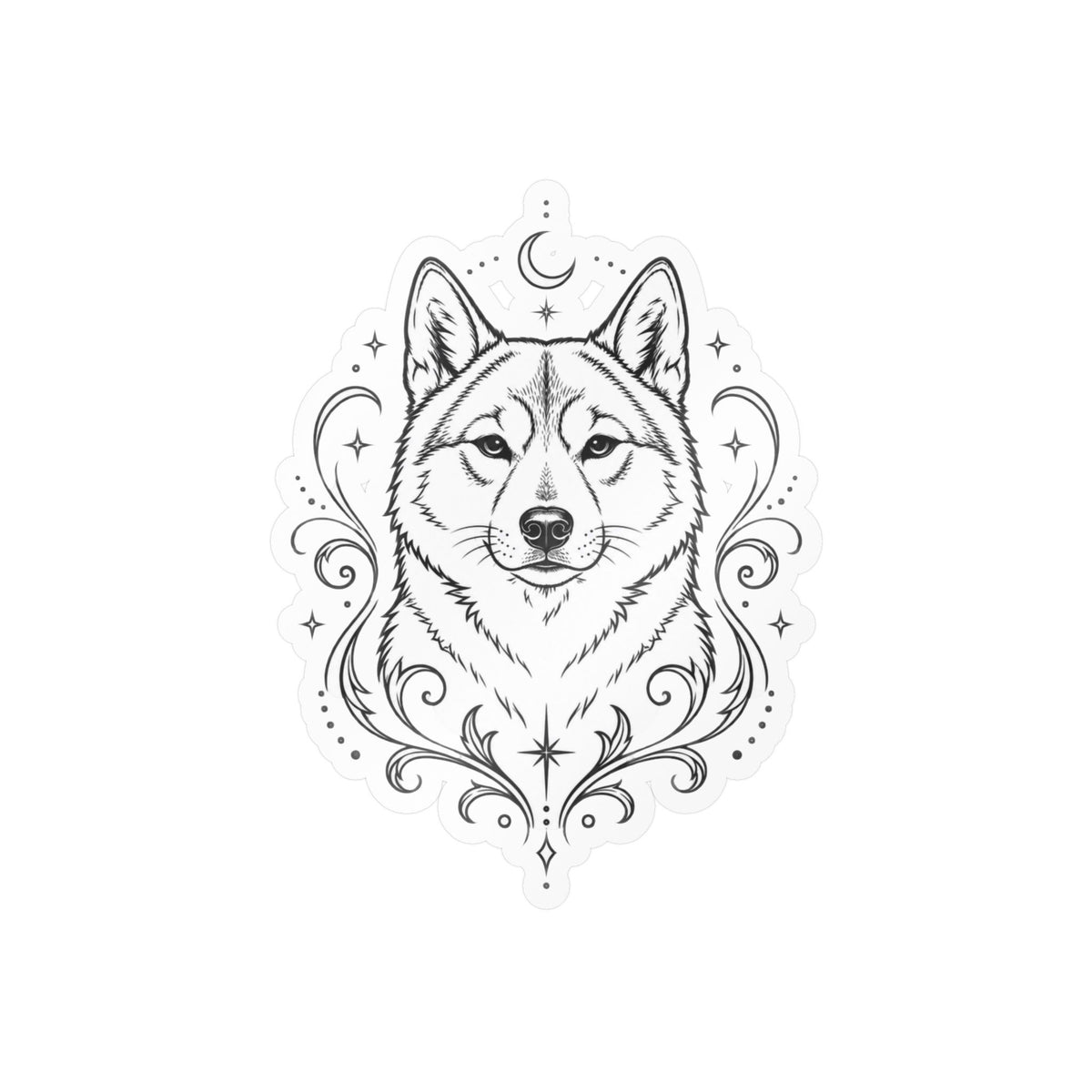 Mystical Shikoku Line Art Kiss-Cut Vinyl Sticker — Decorative Dog Portrait Decal