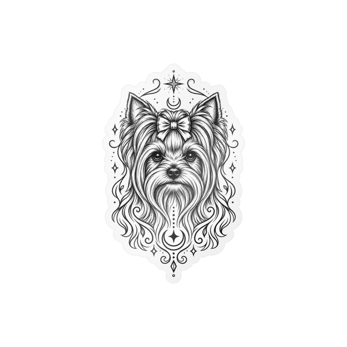 Mystical Yorkshire Terrier Line Art Kiss-Cut Vinyl Sticker — Decorative Dog Portrait Decal