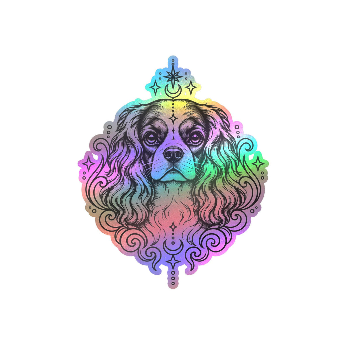 Mystical Cavalier King Charles Spaniel  Line Art Kiss-Cut Vinyl Sticker — Decorative Dog Portrait Decal